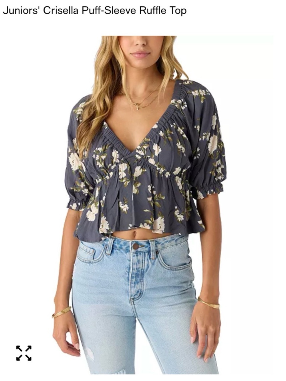 O'Neill Slate Floral Puff-Sleeve Ruffle Blouse